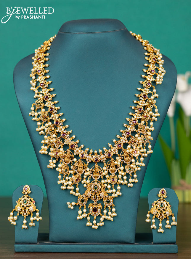 Antique guttapusalu haaram lakshmi design with kemp & cz stones and pearl hangings