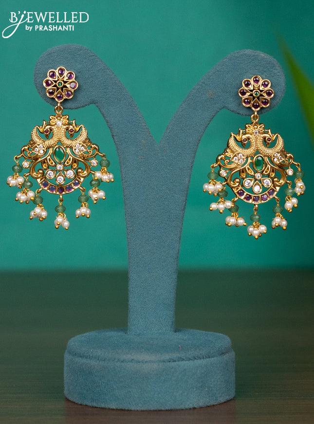 Antique guttapusalu haaram peacock design with kemp & cz stones and pearl & mint green beads hangings