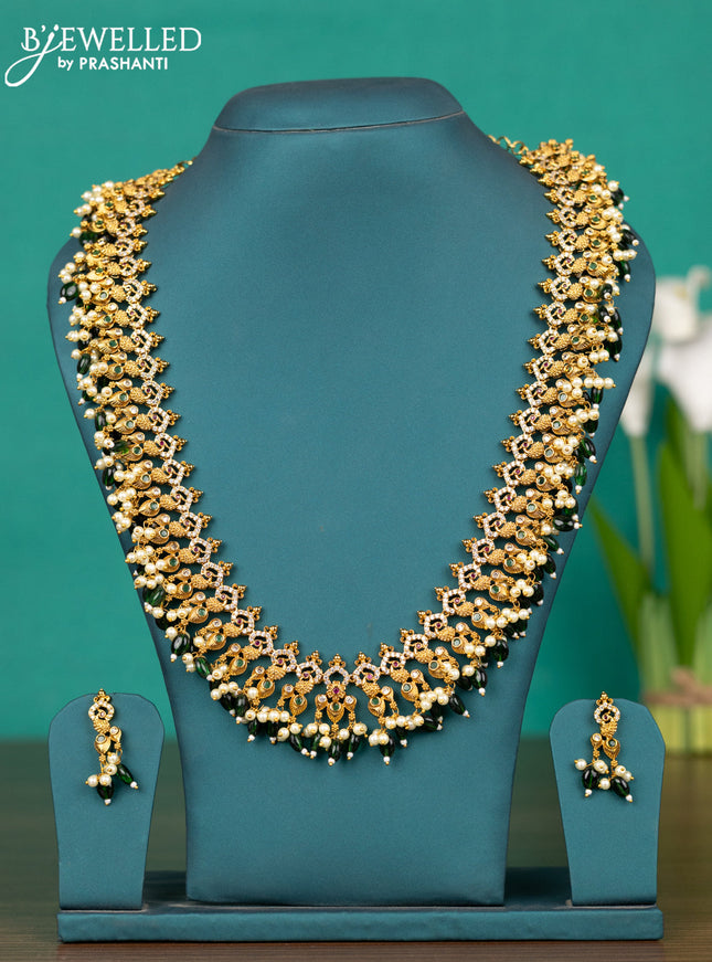 Antique guttapusalu haaram peacock design with kemp & cz stones and pearl & green beads hangings