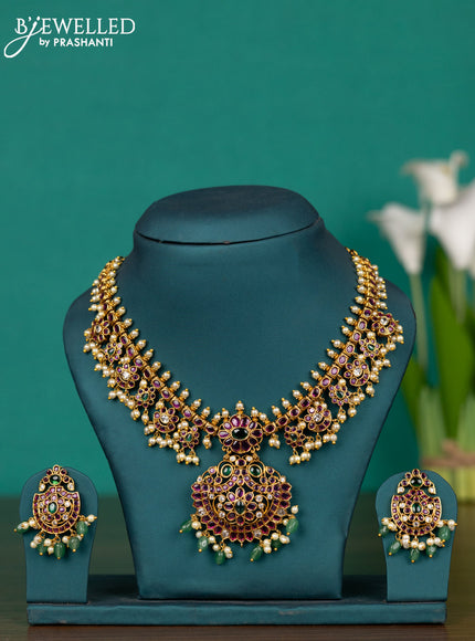Antique guttapusalu necklace with kemp & cz stones and pearl & mint green beads hangings