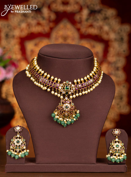 Antique necklace with kemp & kundan stones and pearl & mint green beads hangings