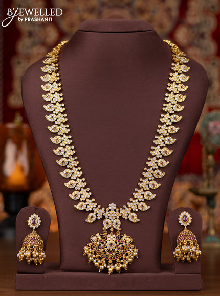 Antique haram manga pattern with pink kemp & cz stones and pearl & golden beads hangings