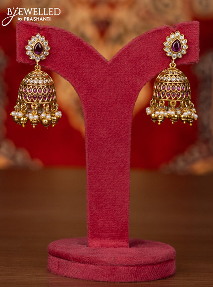 Antique haram manga pattern with pink kemp & cz stones and pearl & golden beads hangings