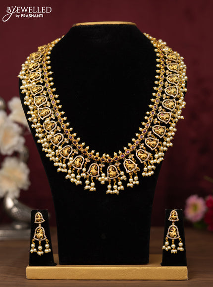 Antique guttapusalu haram peacock design with kemp & cz stones and pearl hangings