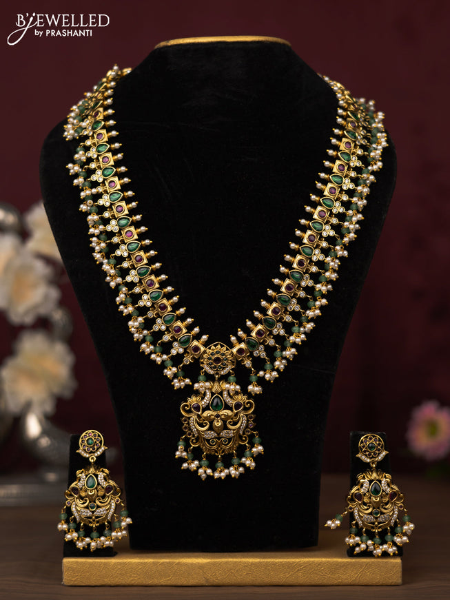 Antique guttapusalu haram with kemp & cz stones and pearl & green beads hanging