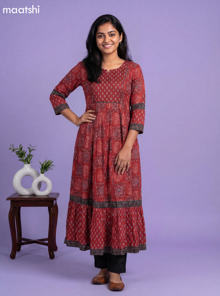 Maroon Cotton Ajrakh Printed Long Anarkali Kurti