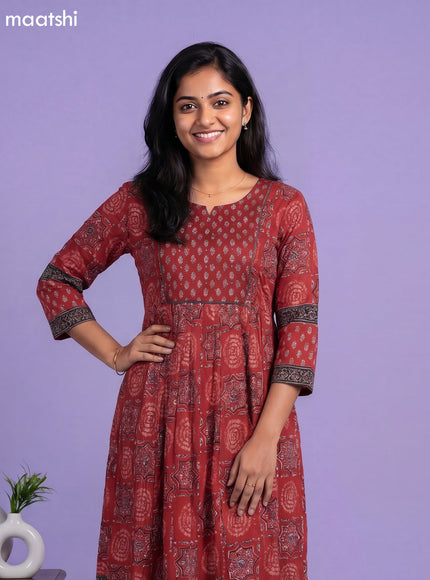 Maroon Cotton Ajrakh Printed Long Anarkali Kurti