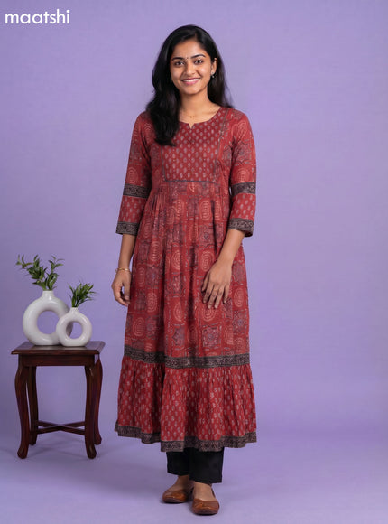 Maroon Cotton Ajrakh Printed Long Anarkali Kurti