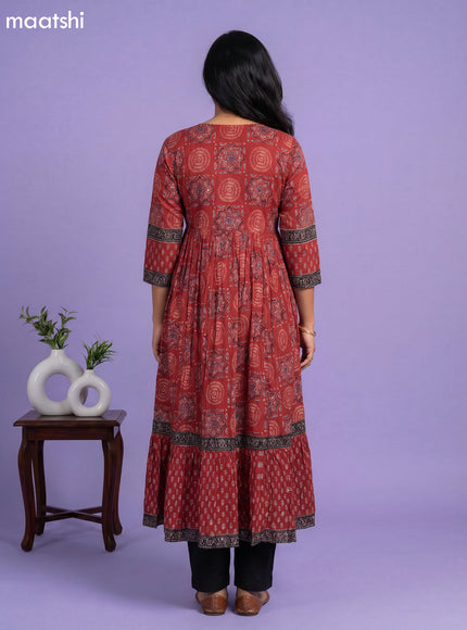 Maroon Cotton Ajrakh Printed Long Anarkali Kurti