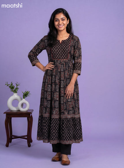 Black Cotton Ajrakh Printed Long Anarkali Kurti