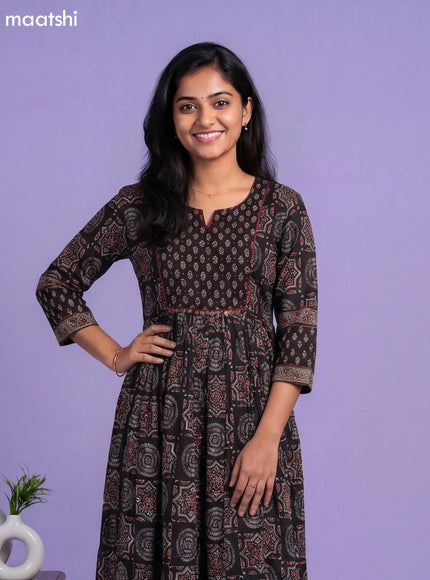 Black Cotton Ajrakh Printed Long Anarkali Kurti