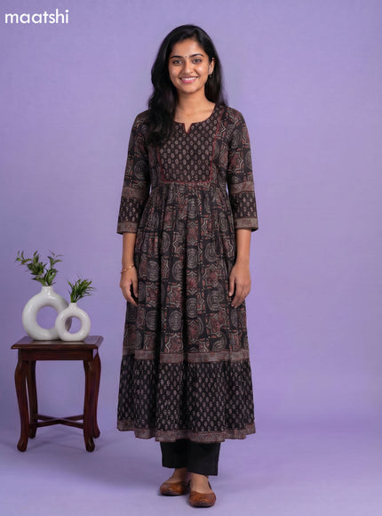 Black Cotton Ajrakh Printed Long Anarkali Kurti