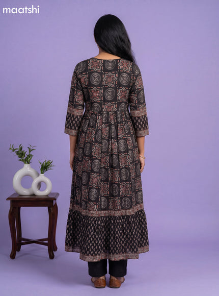 Black Cotton Ajrakh Printed Long Anarkali Kurti