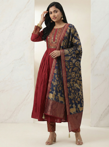 Maroon Sequin Embroidered Tussar Anarkali Suit