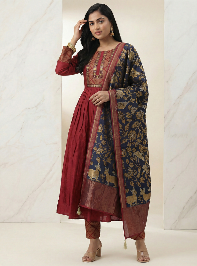 Maroon Sequin Embroidered Tussar Anarkali Suit