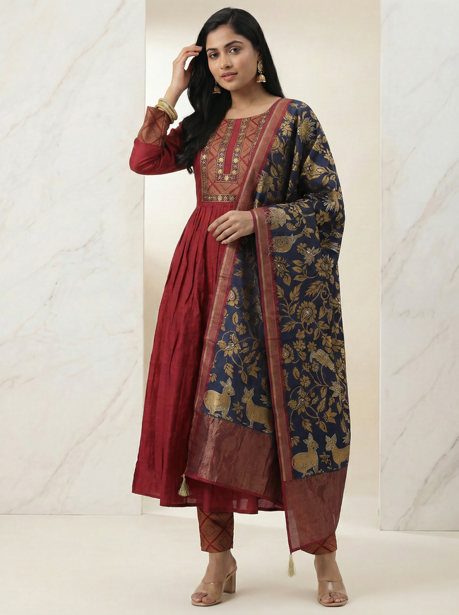 Maroon Sequin Embroidered Tussar Anarkali Suit