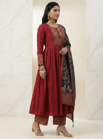 Maroon Sequin Embroidered Tussar Anarkali Suit
