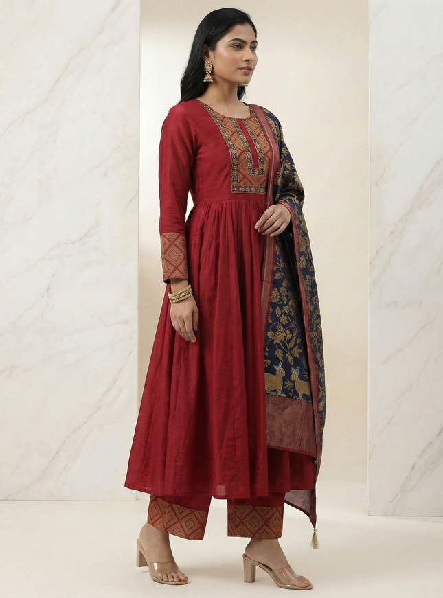 Maroon Sequin Embroidered Tussar Anarkali Suit