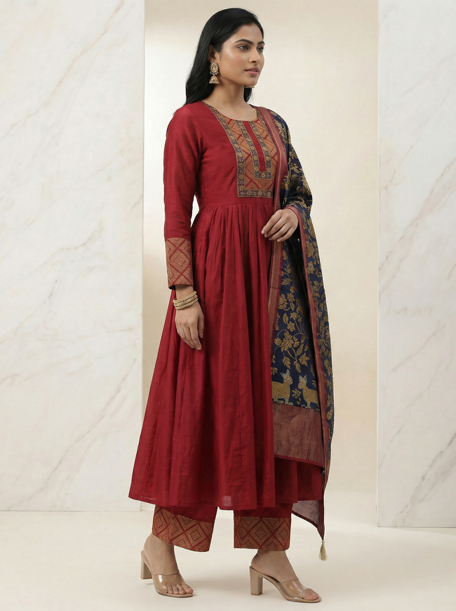 Maroon Sequin Embroidered Tussar Anarkali Suit