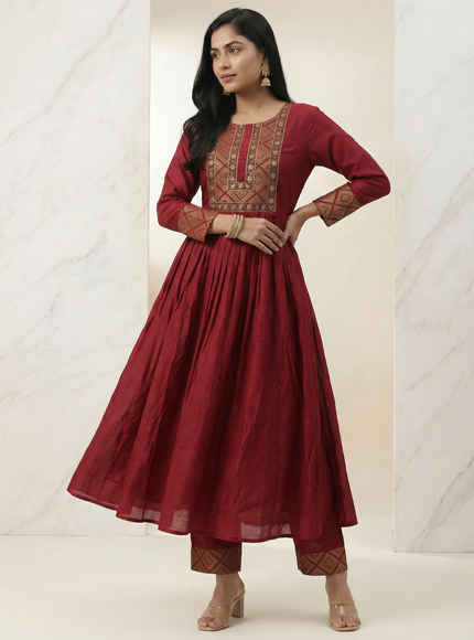 Maroon Sequin Embroidered Tussar Anarkali Suit