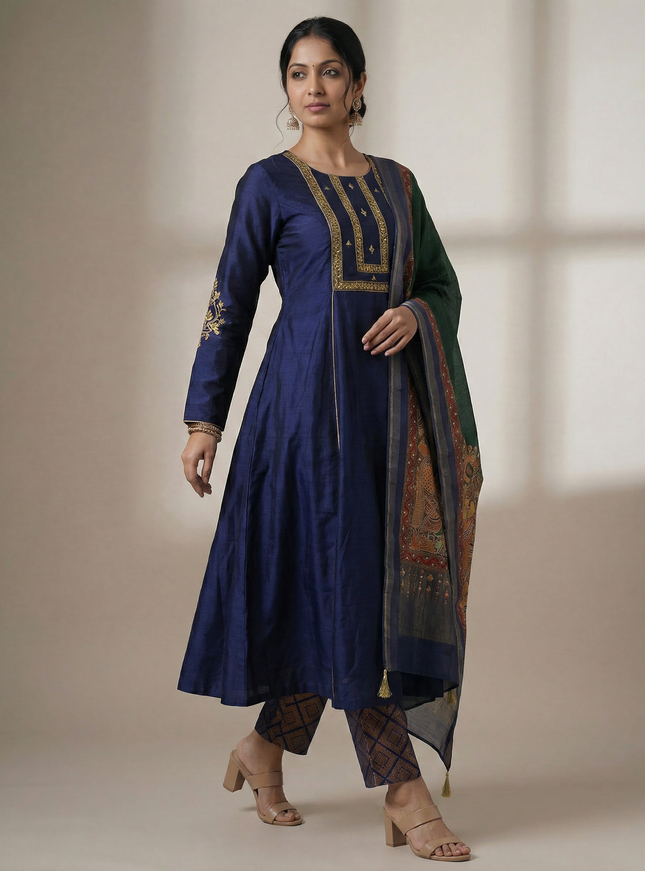 Navy Blue Tussar Anarkali Suit With Pant & Dupatta