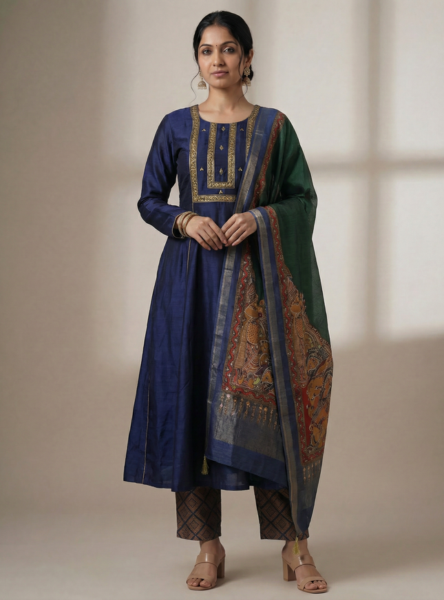 Navy Blue Tussar Anarkali Suit With Pant & Dupatta