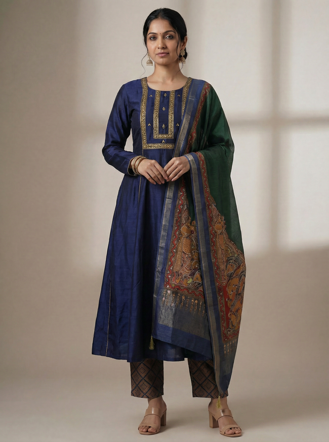 Navy Blue Tussar Anarkali Suit With Pant & Dupatta