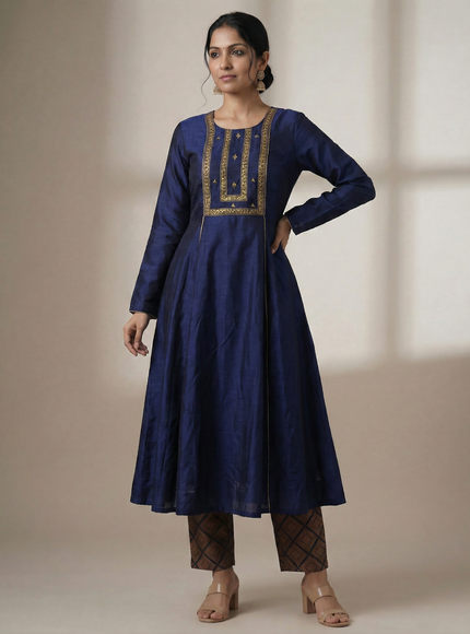 Navy Blue Tussar Anarkali Suit With Pant & Dupatta