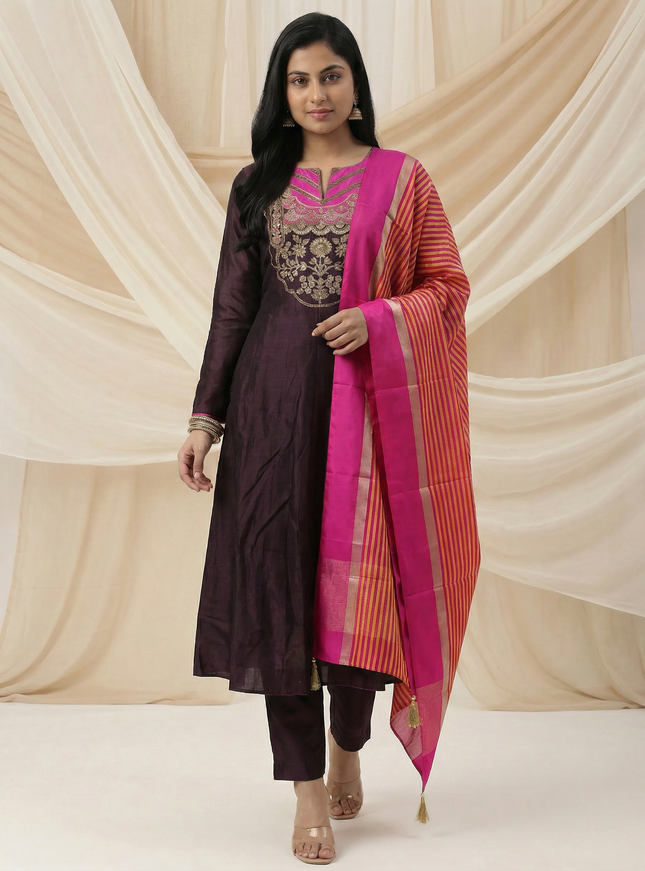 Brown Tussar Anarakali Suit With Zardosi And Sequins Hand Embroidery