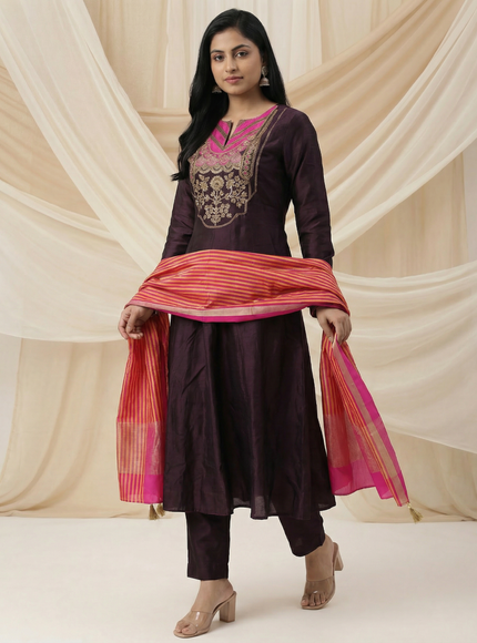 Brown Tussar Anarakali Suit With Zardosi And Sequins Hand Embroidery
