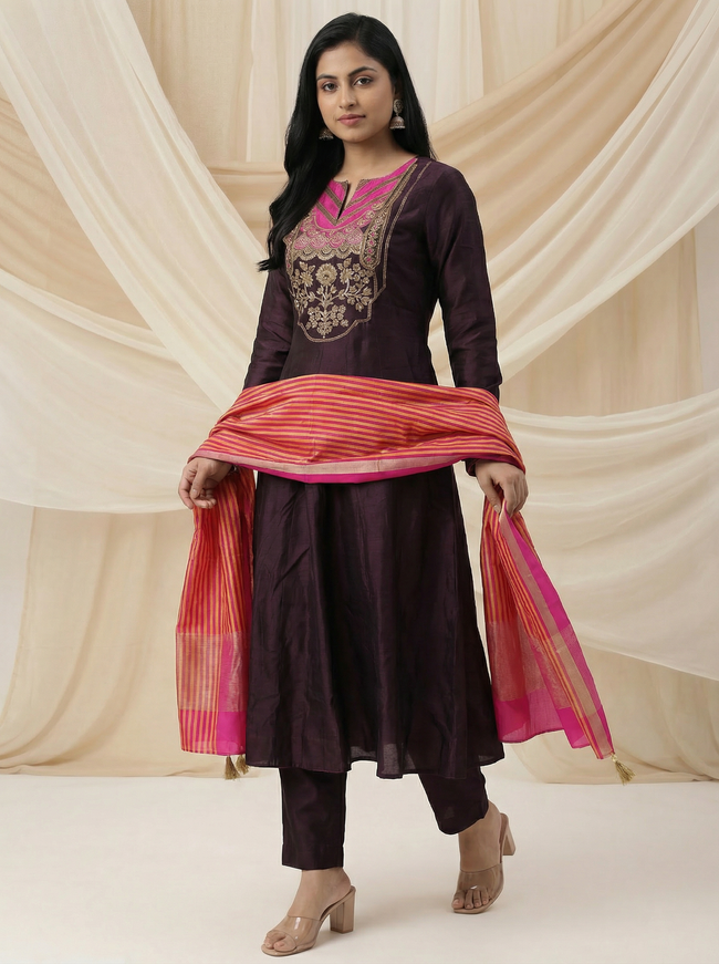 Brown Tussar Anarakali Suit With Zardosi And Sequins Hand Embroidery