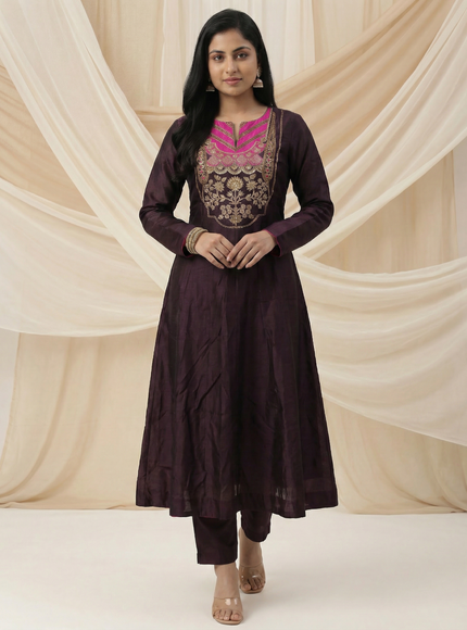 Brown Tussar Anarakali Suit With Zardosi And Sequins Hand Embroidery