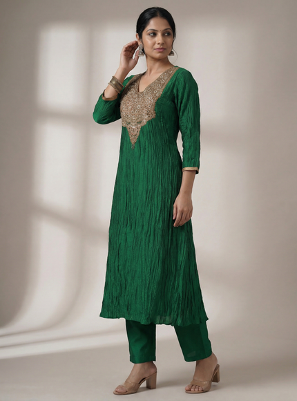 Green Embroidered Silk Anarkali Suit With Pant And Dupatta