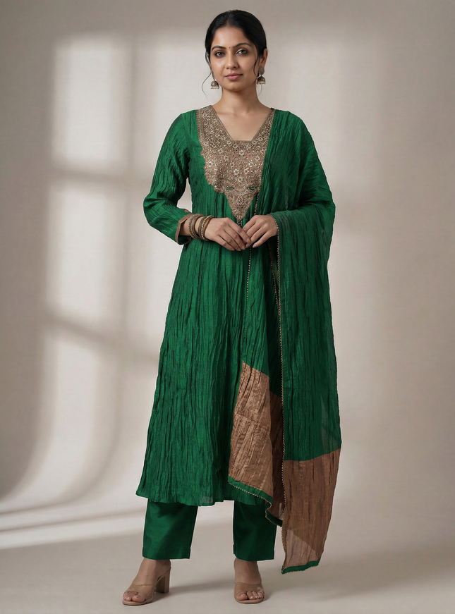 Green Embroidered Silk Anarkali Suit With Pant And Dupatta