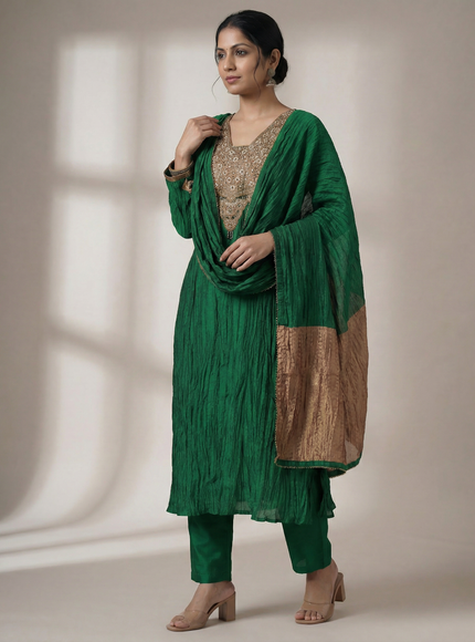 Green Embroidered Silk Anarkali Suit With Pant And Dupatta