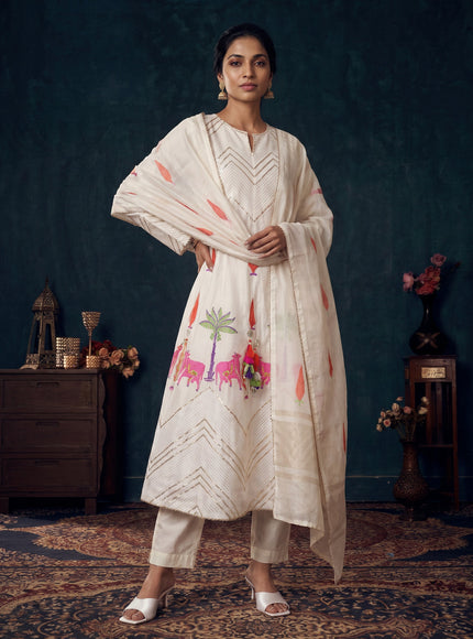 Off White Pure Chanderi Anarkali Suit
