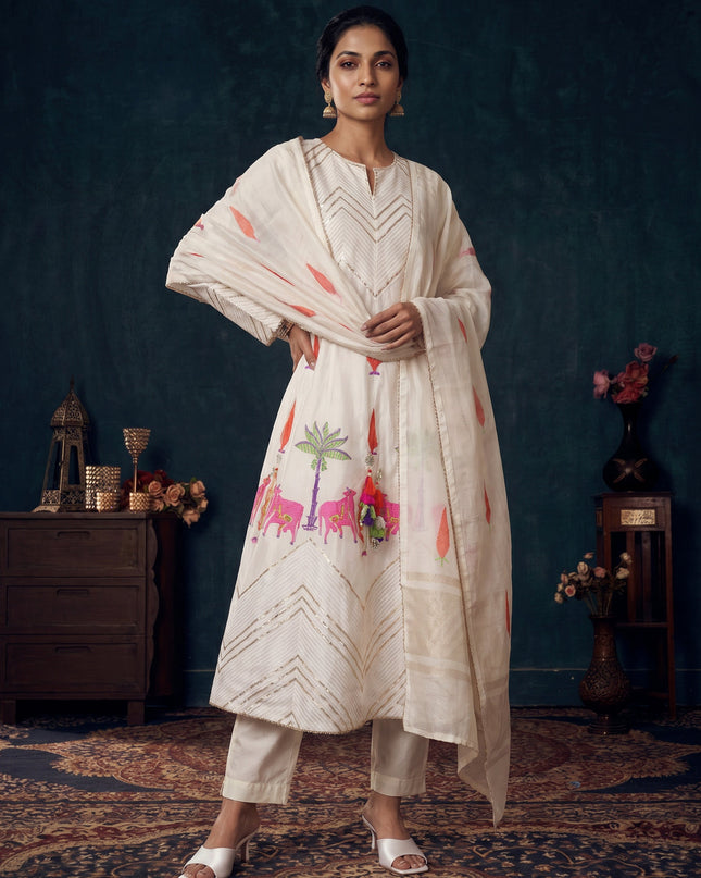 Off White Pure Chanderi Anarkali Suit
