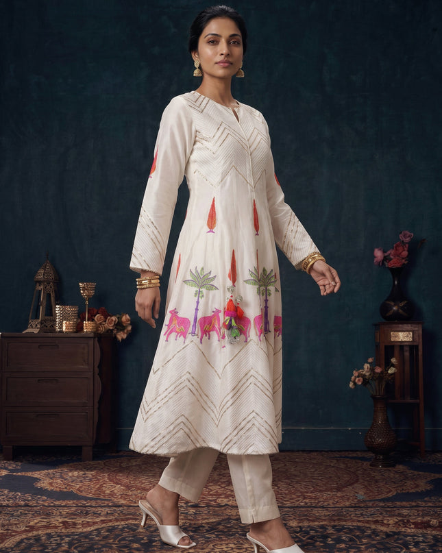 Off White Pure Chanderi Anarkali Suit