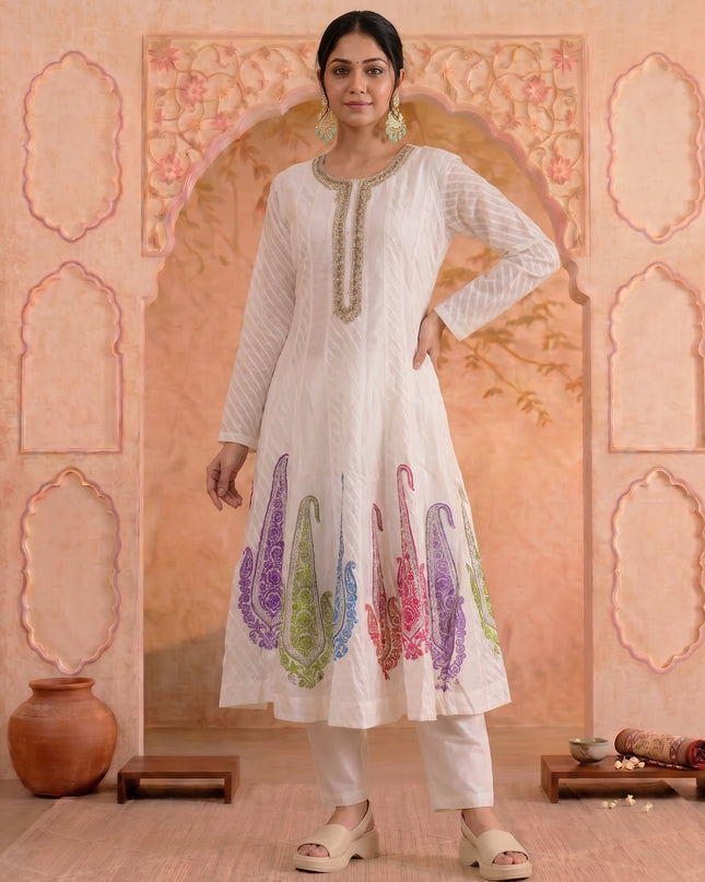 Off White Pure Chanderi Anarkali Suit