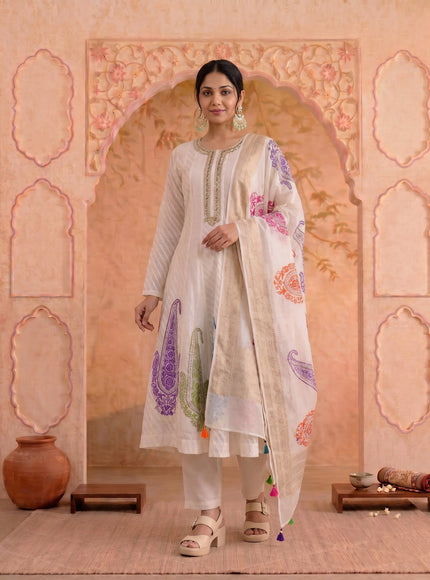 Off White Pure Chanderi Anarkali Suit