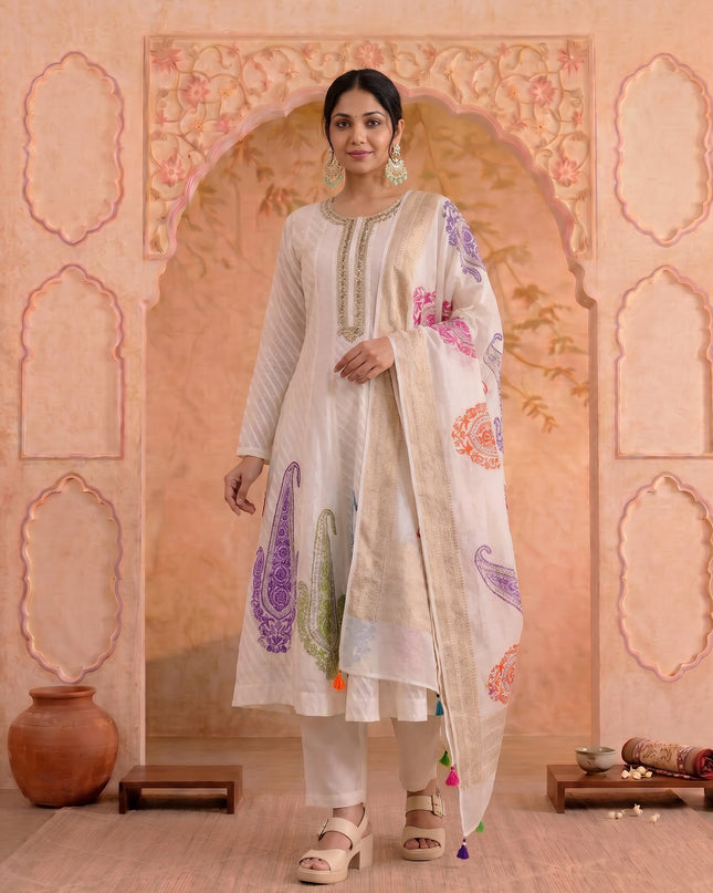 Off White Pure Chanderi Anarkali Suit