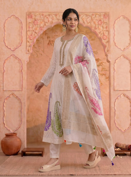 Off White Pure Chanderi Anarkali Suit