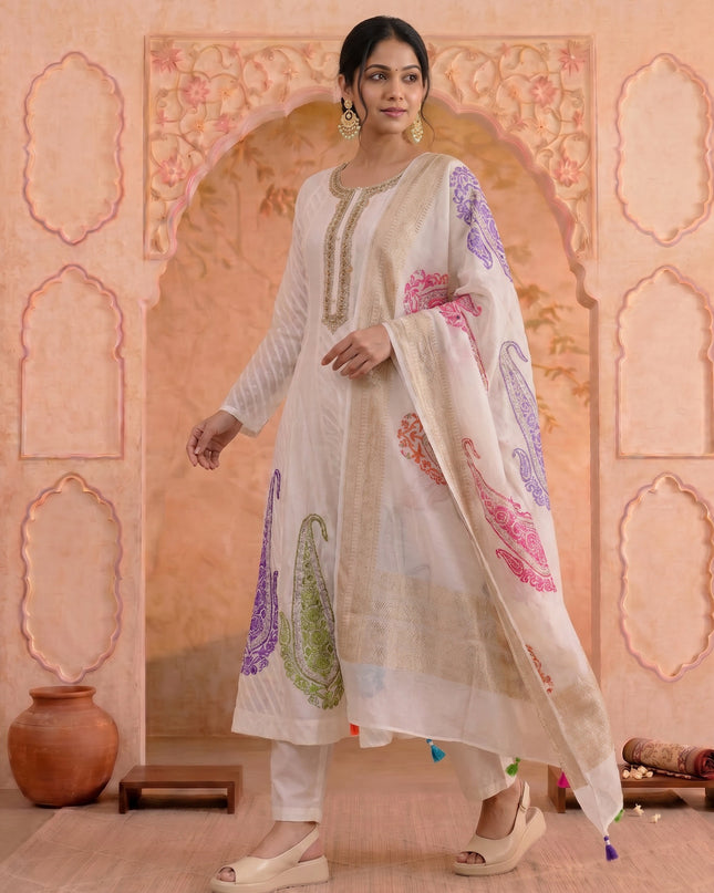 Off White Pure Chanderi Anarkali Suit