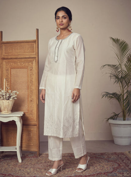Off White Pure Chanderi Salwar Suit