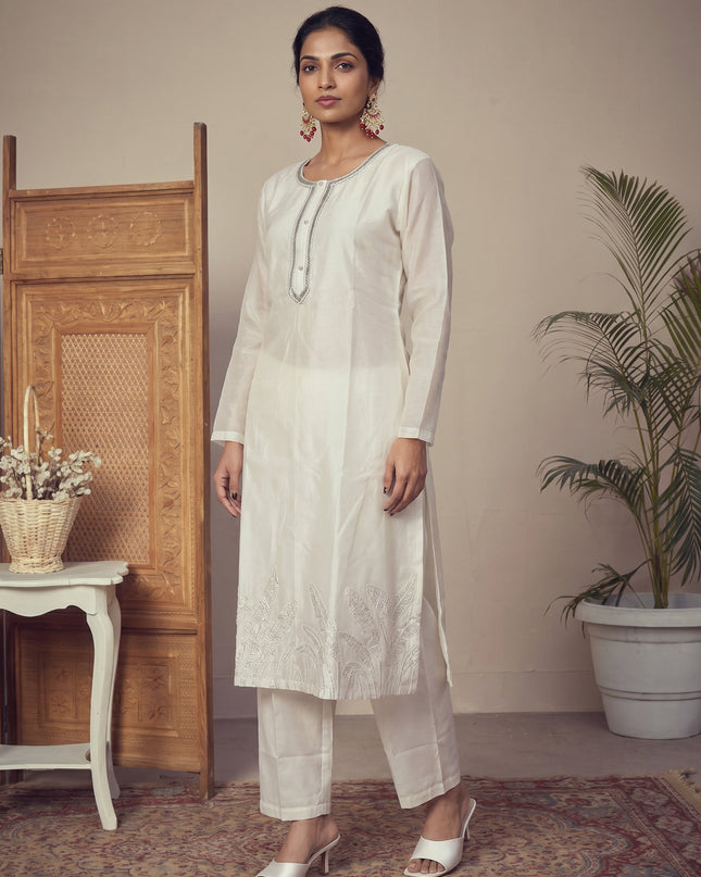 Off White Pure Chanderi Salwar Suit