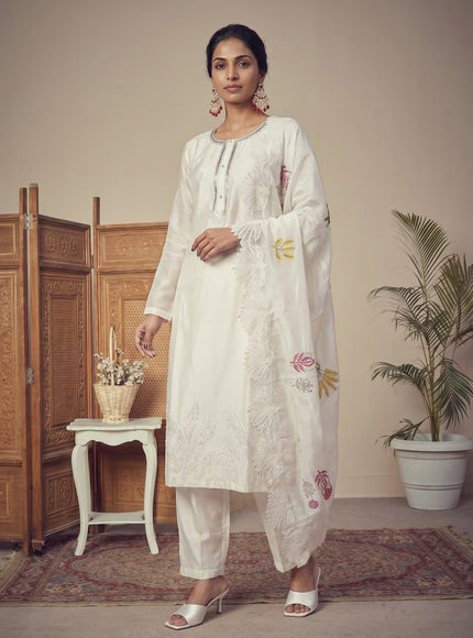 Off White Pure Chanderi Salwar Suit
