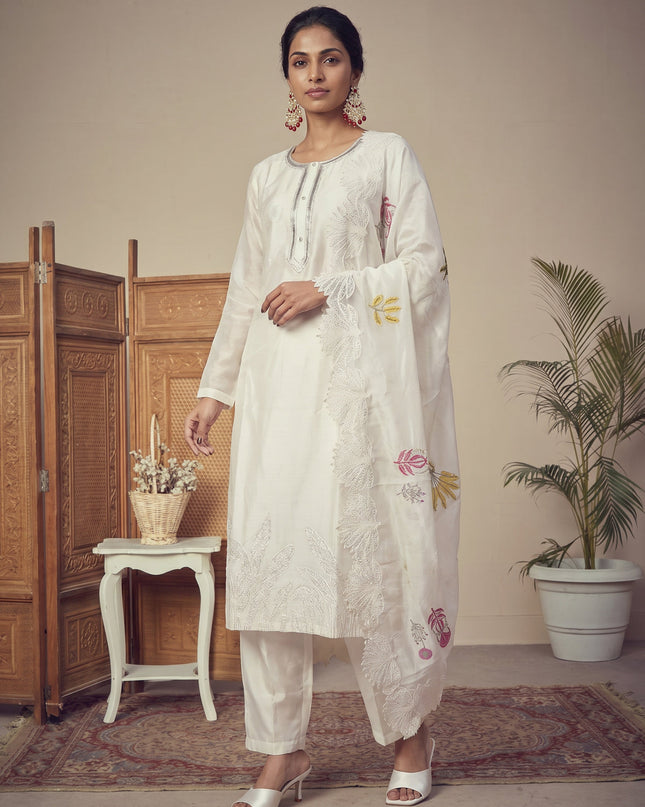 Off White Pure Chanderi Salwar Suit