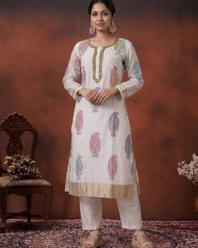 Off White Pure Chanderi Salwar Suit