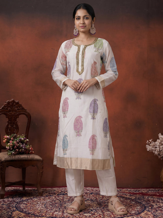 Off White Pure Chanderi Salwar Suit