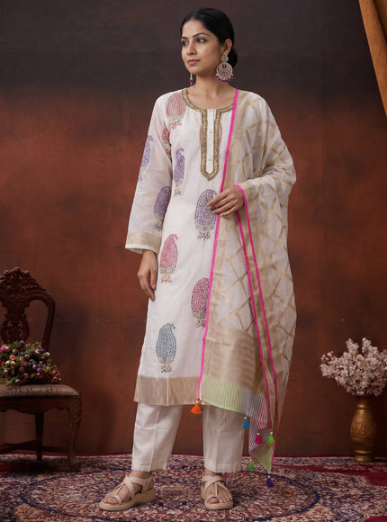 Off White Pure Chanderi Salwar Suit